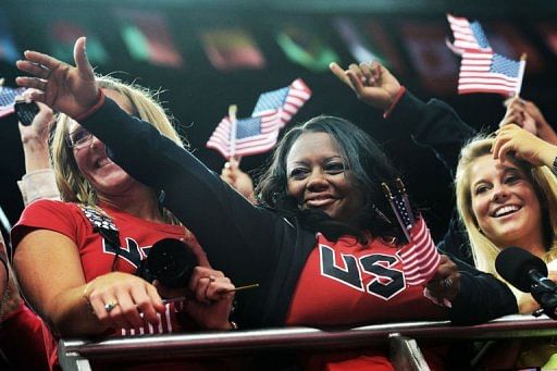 Natalie Hawkins, the mother of US gymnast Gabrielle Douglas, celebrates after her daughter won